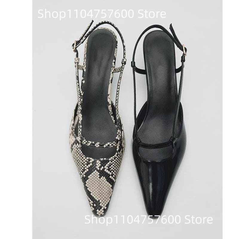 Leather Classic Strap - Slingback feminino apontou toe baixo salto